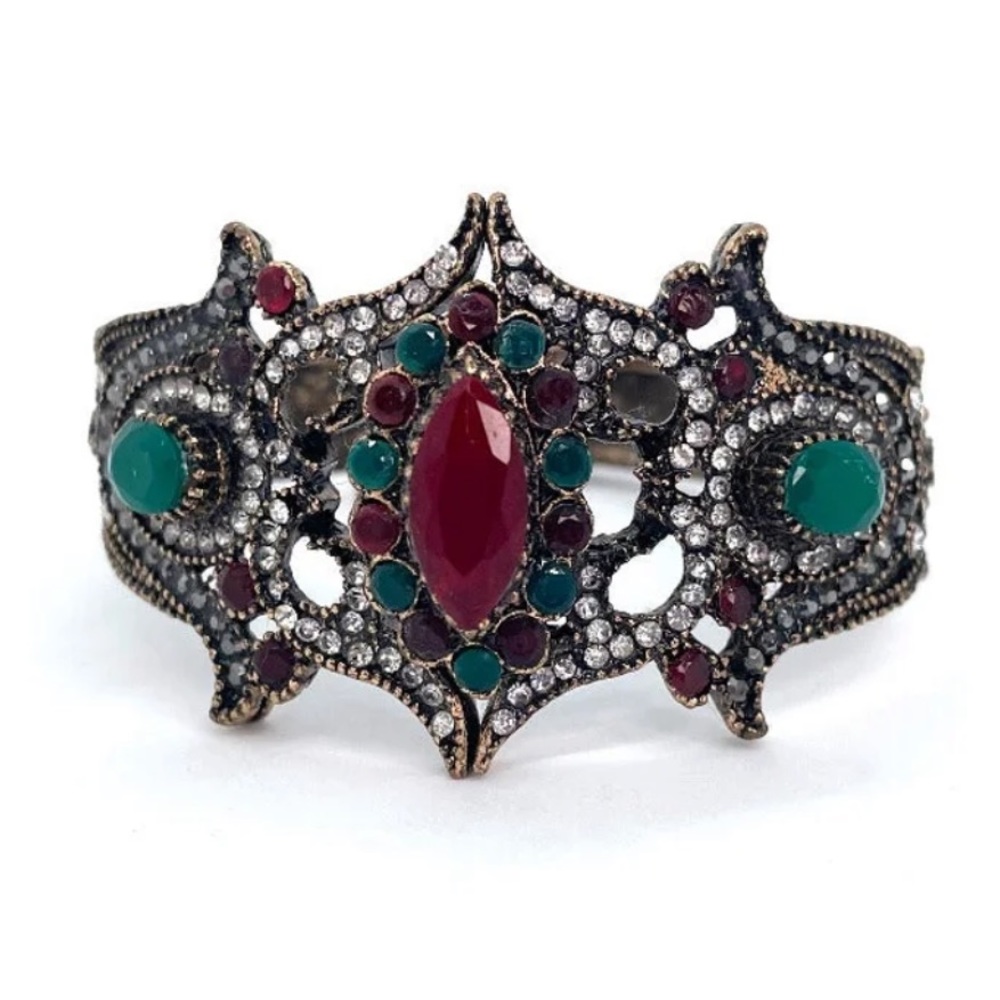 NWOT Bejeweled Hinge Cuff Antique Metal Bracelet